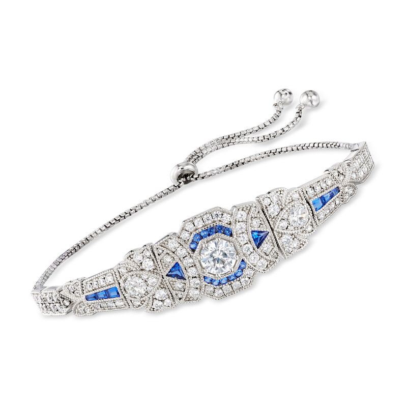 Sterling silver bolo bracelet with CZ and simulated sapphire accents