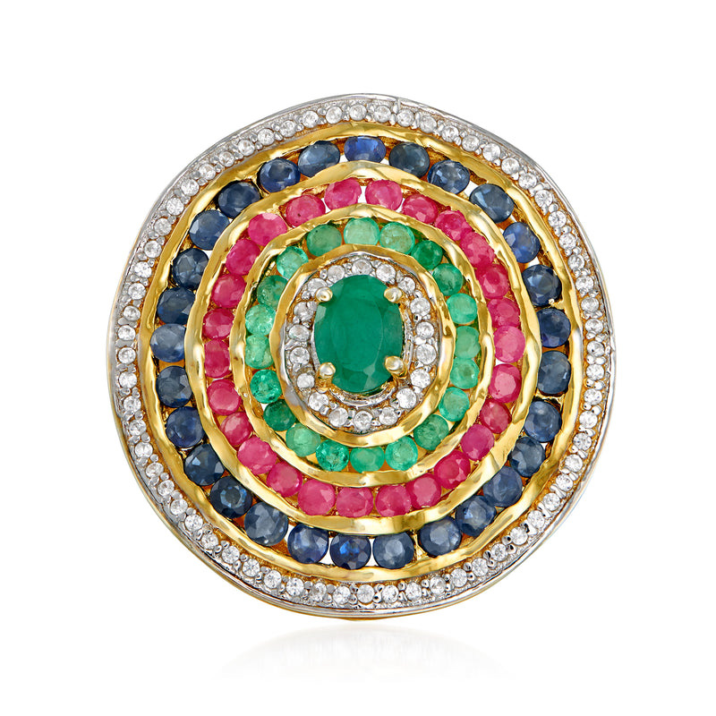 Gold-tone multi-gemstone circle ring with emerald, pink, sapphire and white stones