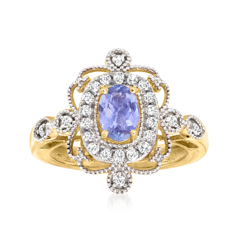 18kt gold over sterling ring with oval lavender tanzanite center and white zircon halo