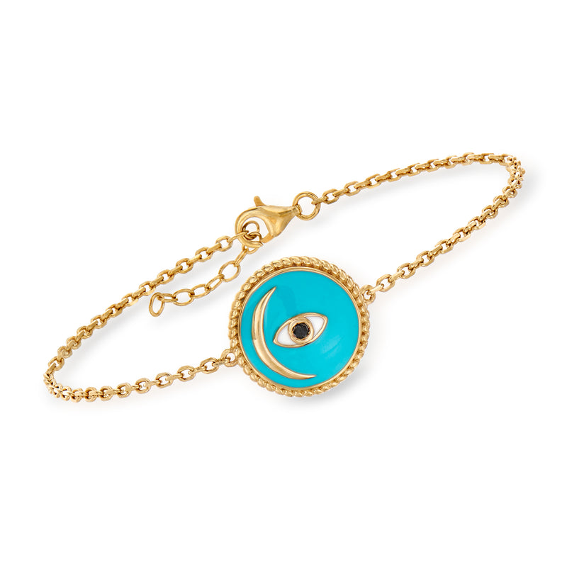 18kt gold over sterling bracelet with blue enamel evil eye and crescent moon charm
