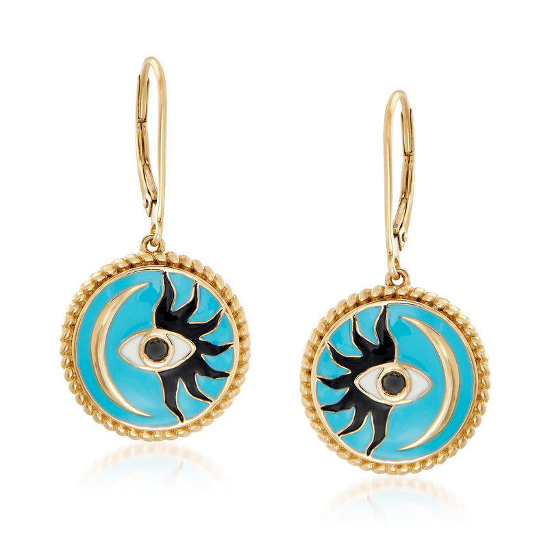 18kt gold over sterling leverback drop earrings, black and blue enamel evil eye discs