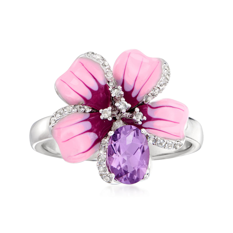 Sterling silver flower ring with amethyst center, pink enamel petals, and white topaz stones