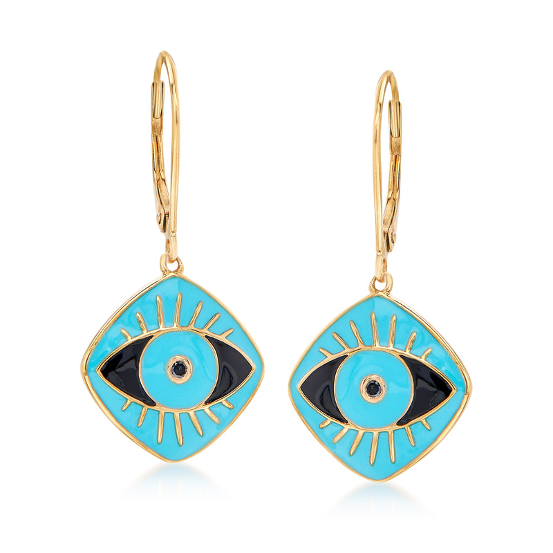 Gold leverback drop earrings with blue and black evil eye enamel charm