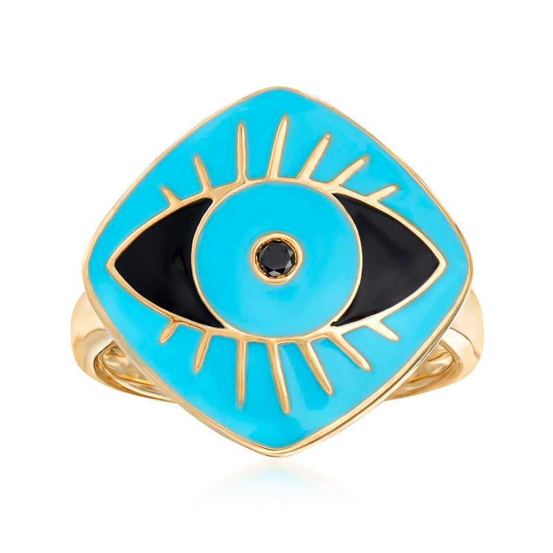 Gold-tone evil eye enamel ring with blue enamel and black center