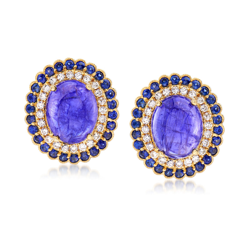 Round tanzanite center sapphire halo stud earrings in 18kt yellow gold with diamonds