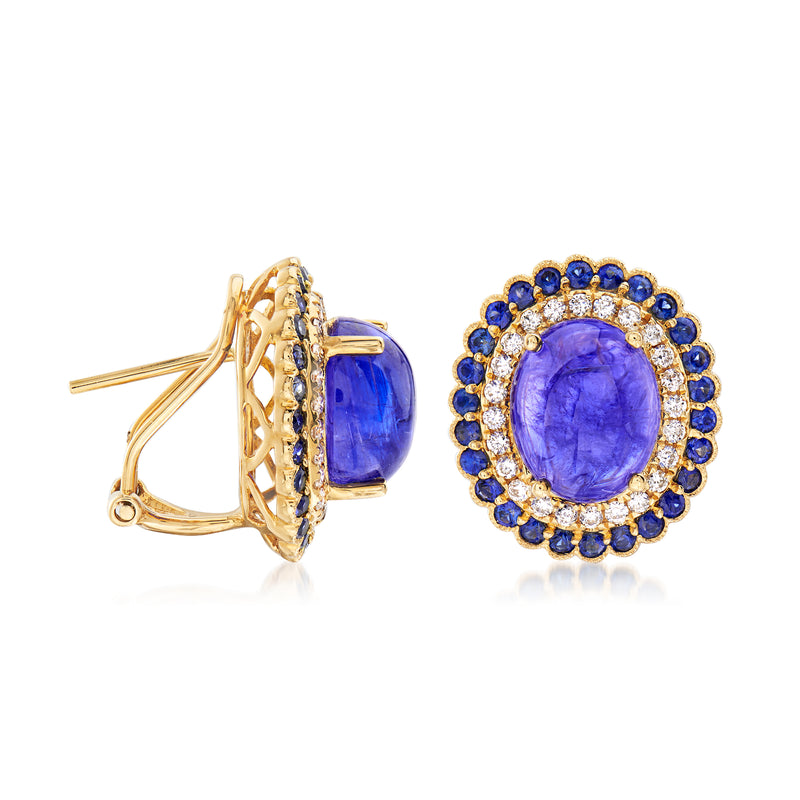 Sapphire and diamond halo tanzanite earrings with yellow gold posts, side view