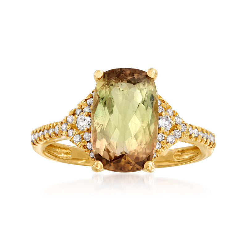 14k yellow gold ring with light green oval tourmaline and diamond halo