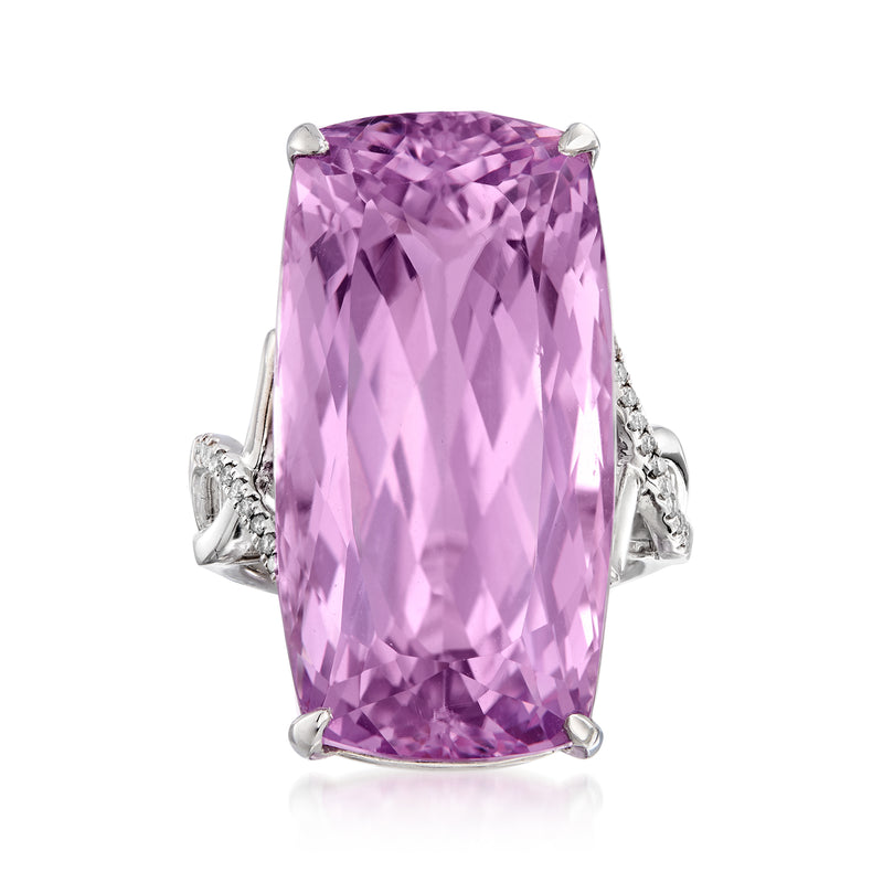 14kt white gold kunzite ring with large pink rectangular gemstone and diamond accents
