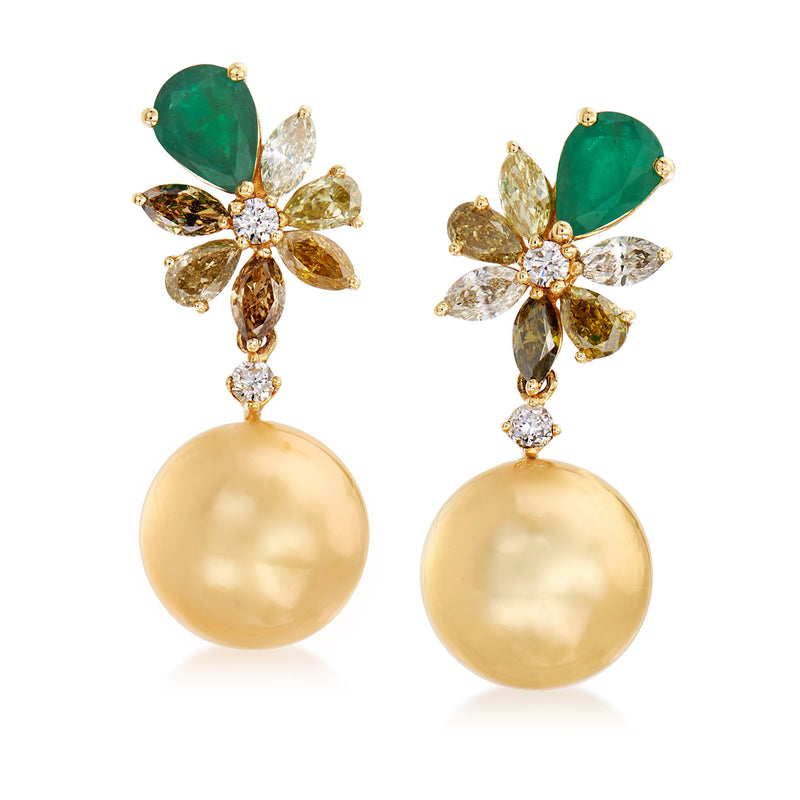 18kt yellow gold drop earrings with green emerald petals and round golden pearl drops