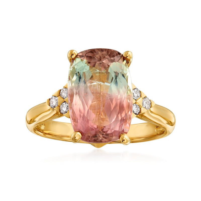 14k yellow gold ring with large multicolored tourmaline oval and small diamond side stones