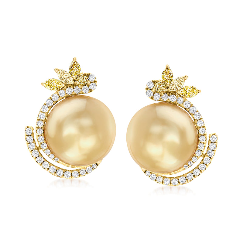 18kt yellow gold cultured pearl stud earrings with diamond halo and floral top