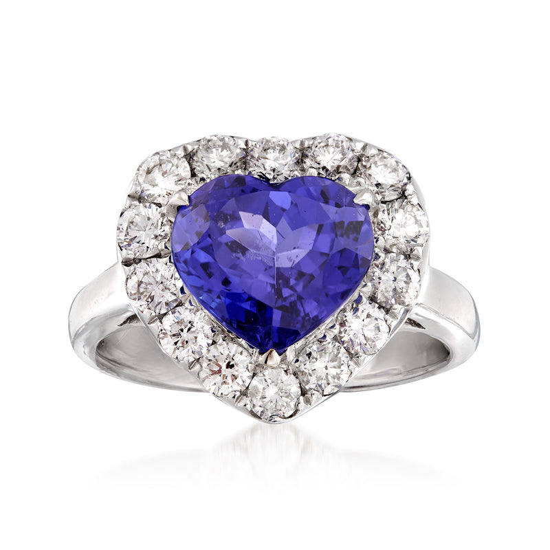18kt white gold heart ring with blue tanzanite center and diamond halo, prong-set