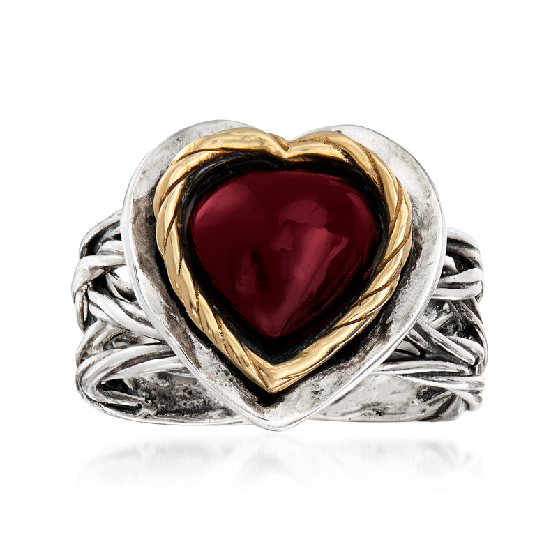 Heart garnet ring in sterling silver with 14kt yellow gold heart frame