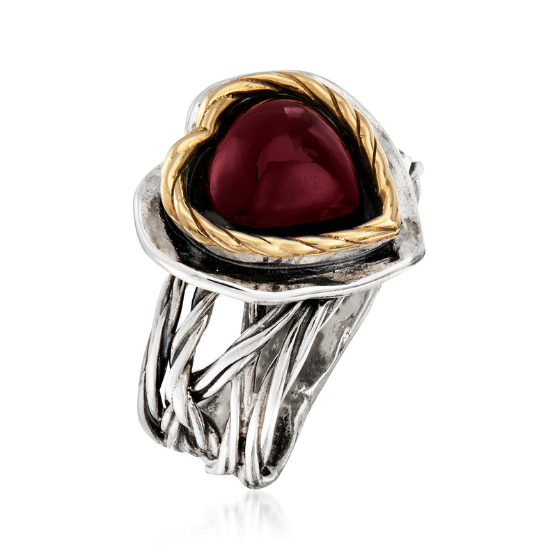 Heart garnet ring with twisted sterling silver band and yellow gold heart frame