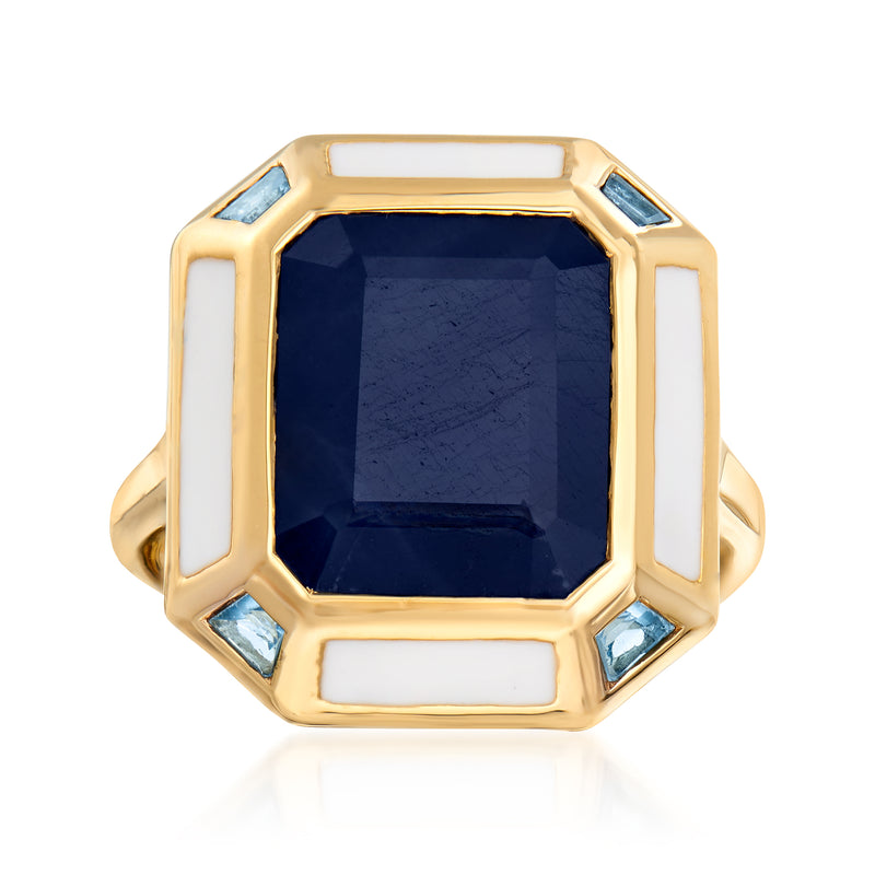 Vintage-style gold over sterling ring with dark blue emerald-cut center stone and blue accents