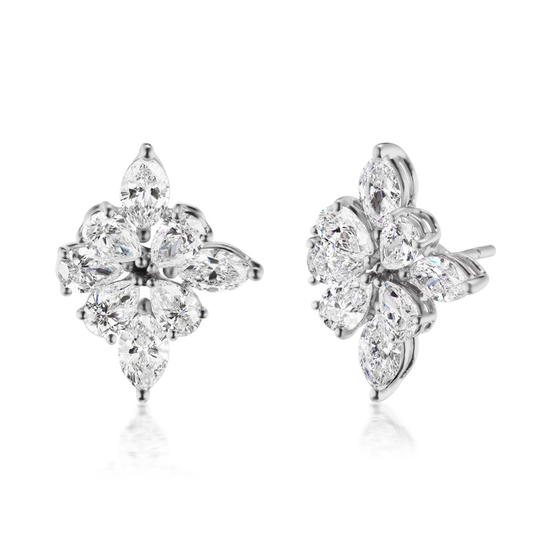 18kt white gold diamond flower stud earrings with clear stones, post backs