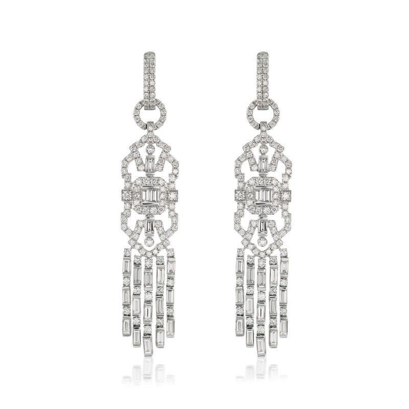 Diamond chandelier hoop drop earrings in 18kt white gold with faceted tiered design