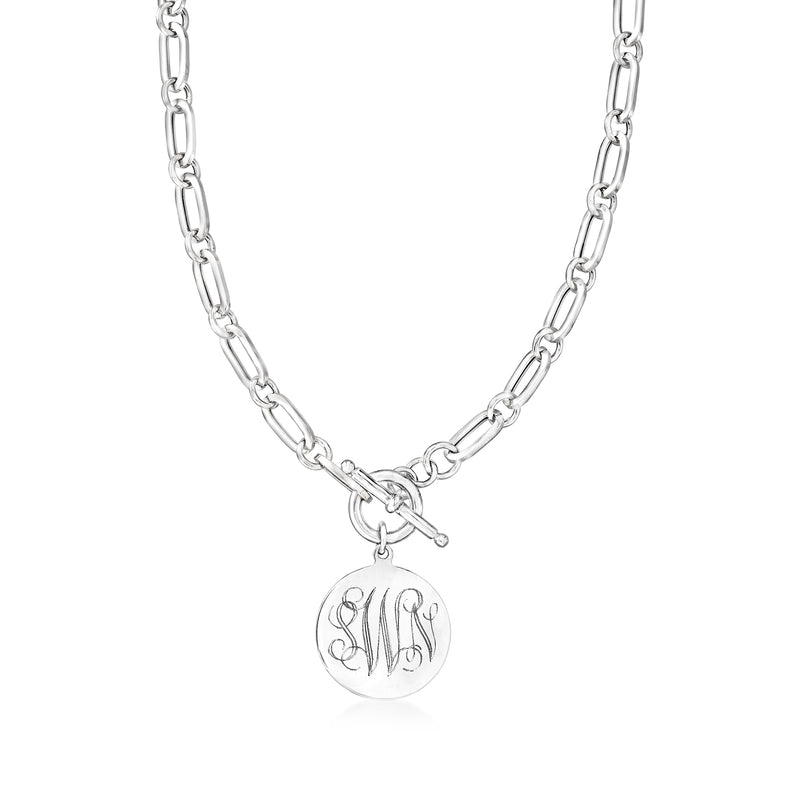 Sterling silver chain necklace with round monogram disc pendant and clasp