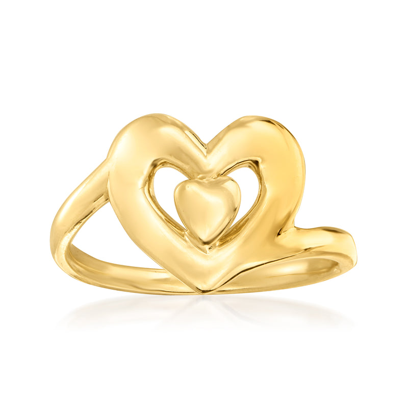 14kt yellow gold heart-shaped ring with raised heart motif on band