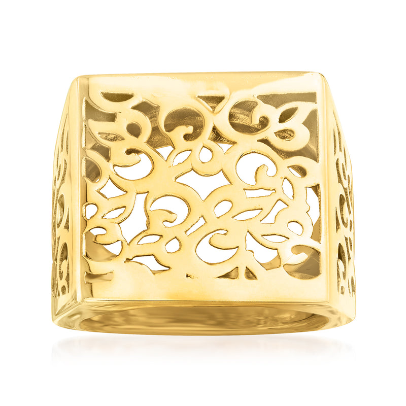 14kt yellow gold filigree square-top ring with ornate cutout design