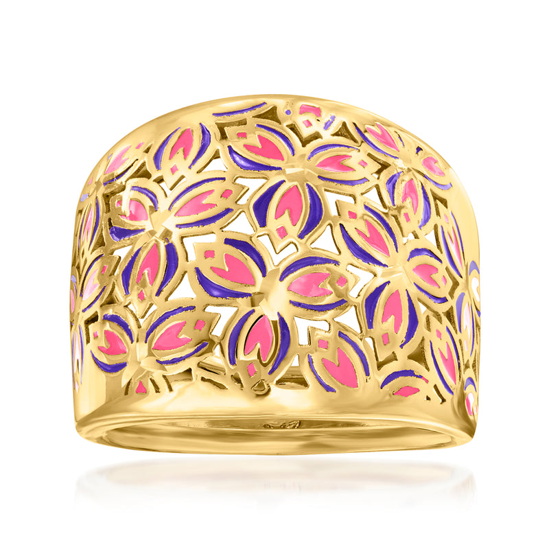 14kt yellow gold dome ring with pink and purple enamel floral design