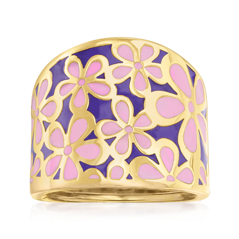 14kt yellow gold ring with pink and purple enamel flower cutouts