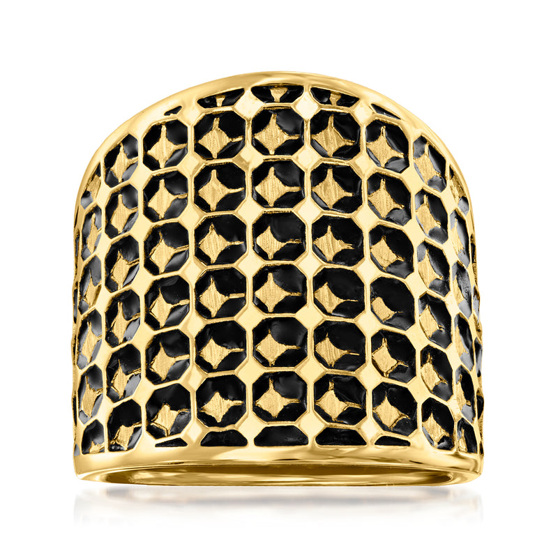 14kt yellow gold geometric-pattern ring with black enamel in a domed design