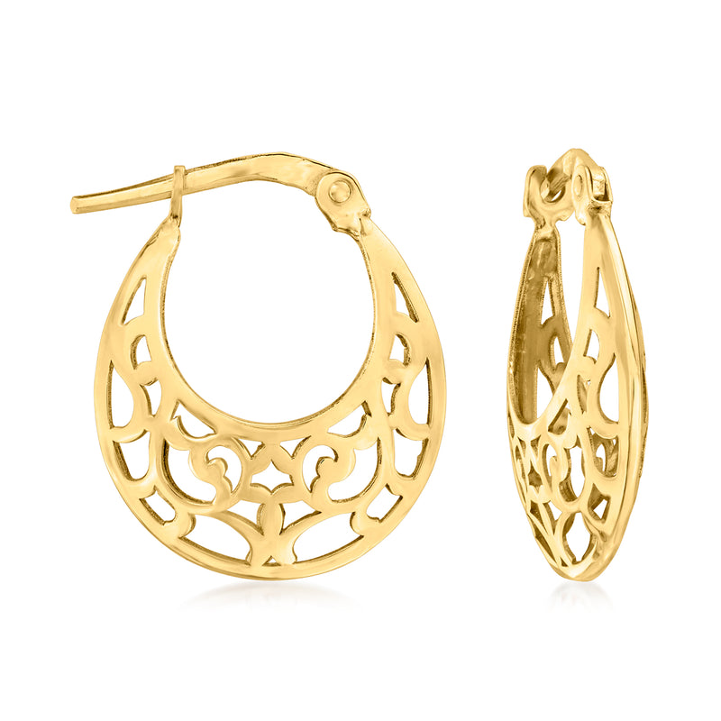 14kt yellow gold filigree hoop earrings with openwork floral cutouts, hinged back