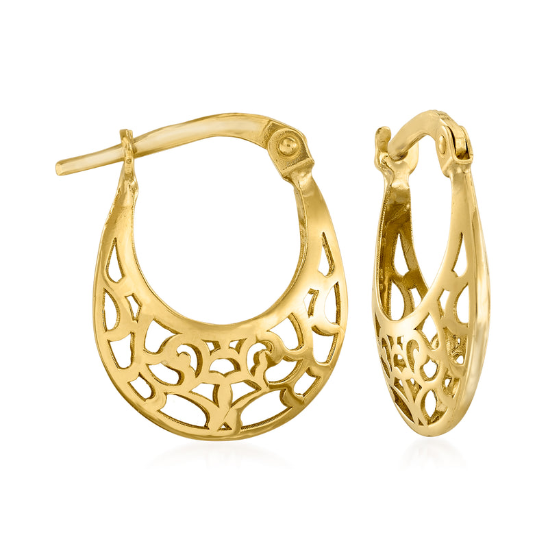 14kt yellow gold filigree hoop earrings with cutout detailing