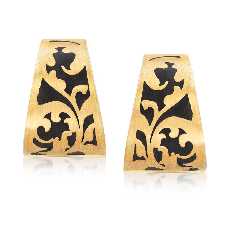 14kt yellow gold tone earrings with black enamel floral motifs, rectangular shape