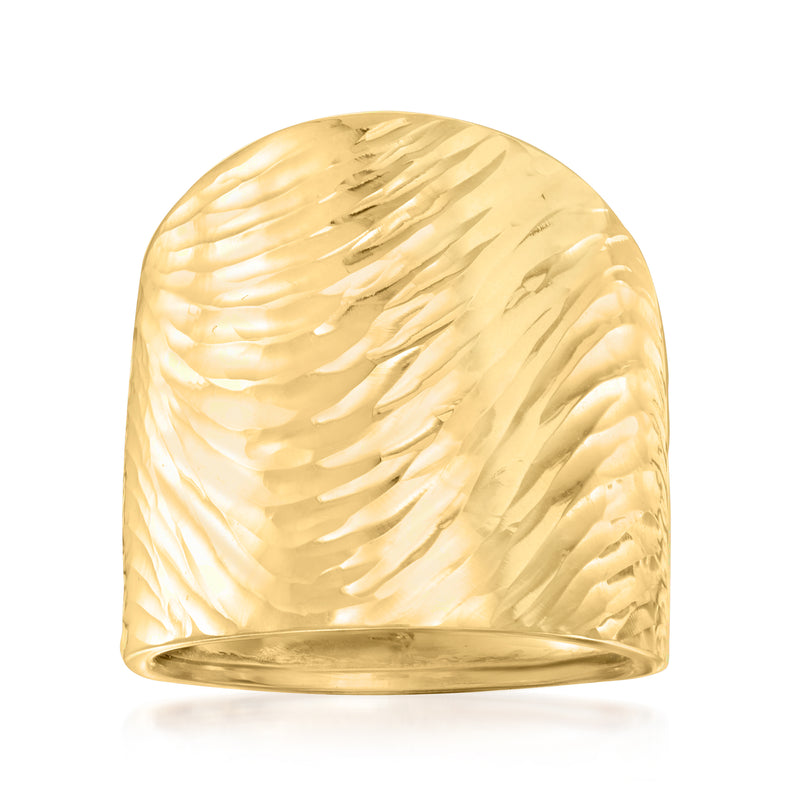 14kt yellow gold wide ring with textured wavy finish and polished smooth edge