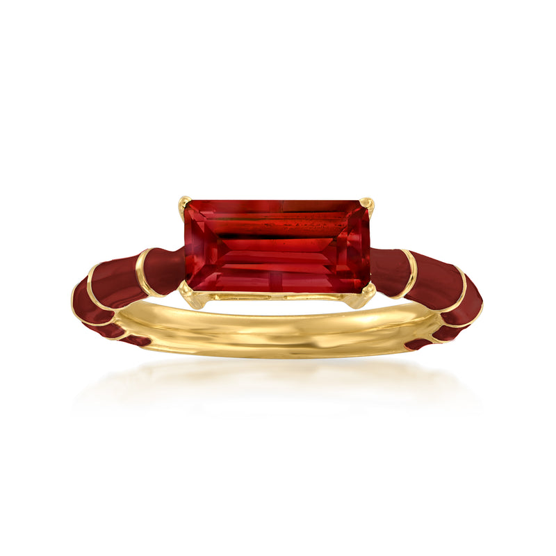 Gold ring with rectangular red gemstone and red enamel insets, bezel setting
