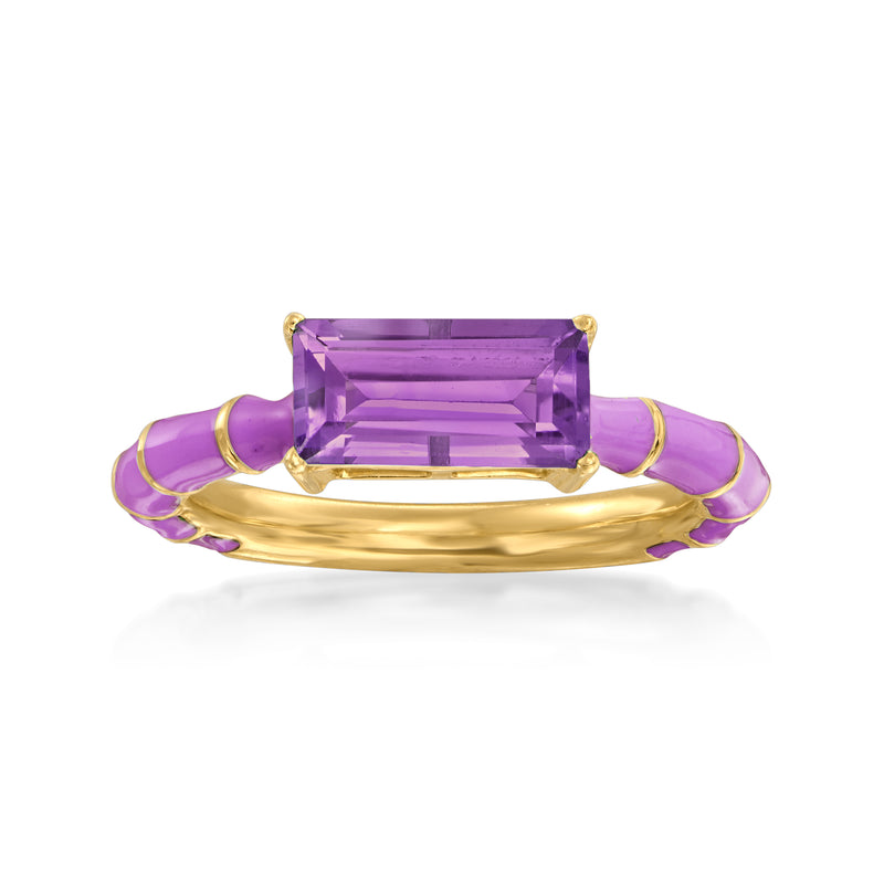 Purple amethyst gemstone ring with 18k gold band and purple enamel accents