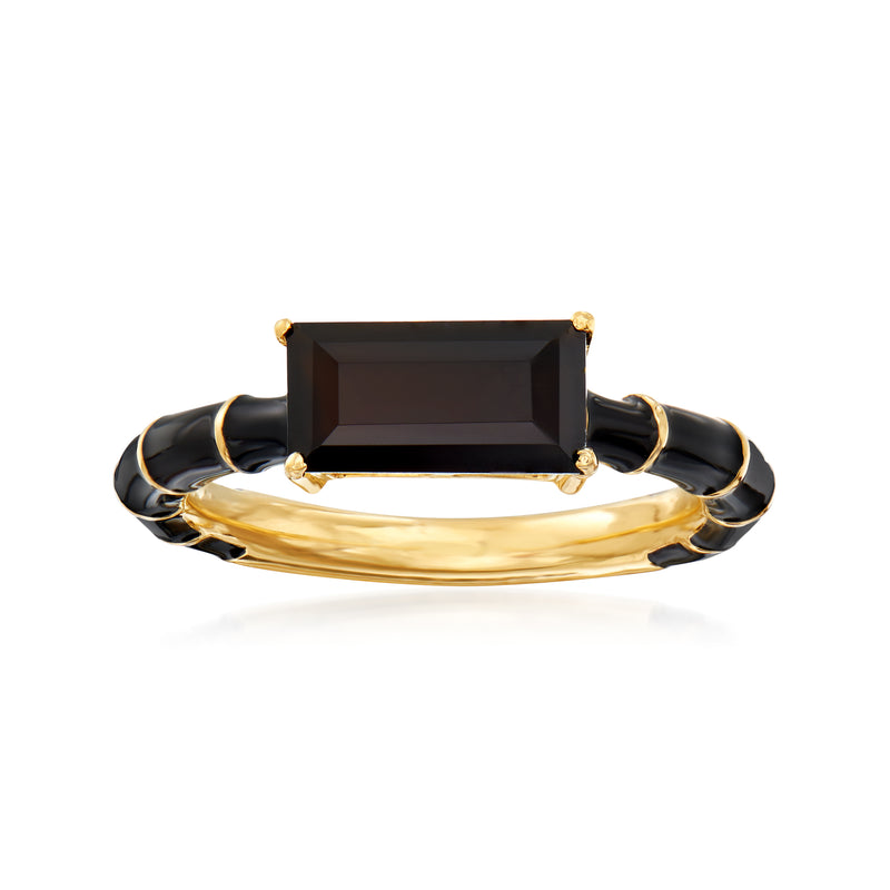 Rectangular black stone ring with black enamel band and 18kt gold over sterling details