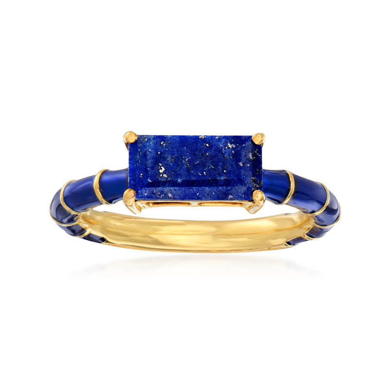 Gold over sterling ring with rectangular blue stone and dark blue enamel band, bezel-set