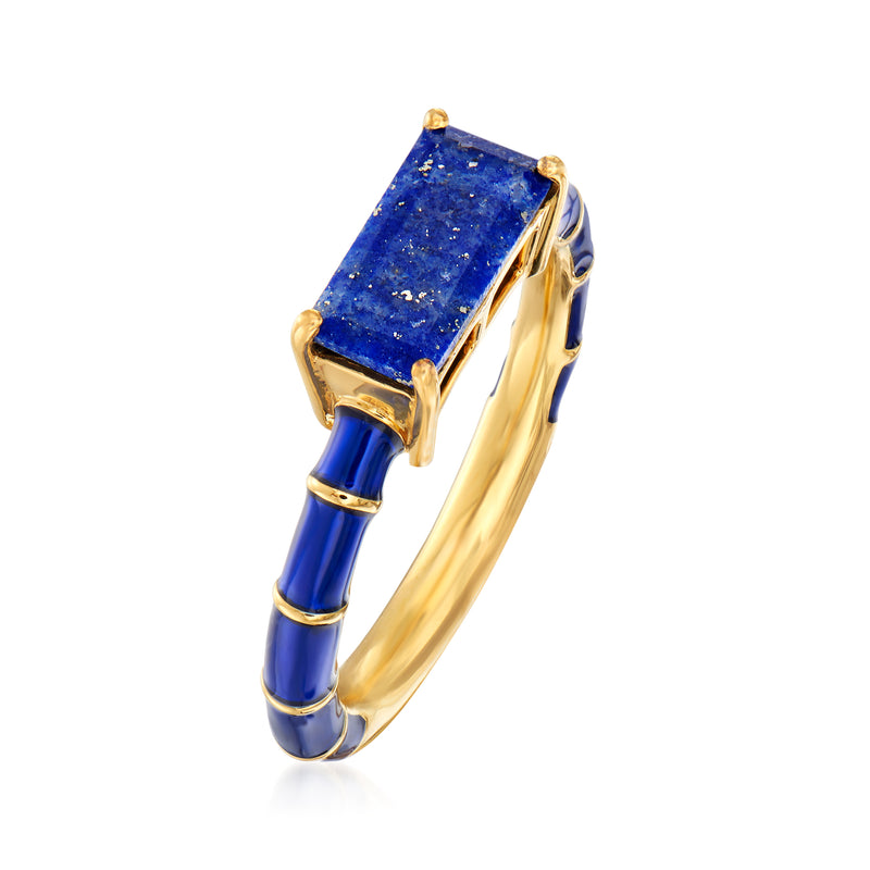 Gold over sterling ring with rectangular lapis-like stone and dark blue enamel accents