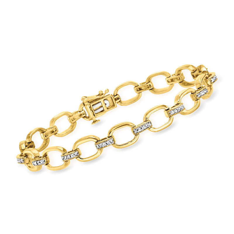 Gold paper clip link bracelet with small round diamond accents, 18kt over sterling