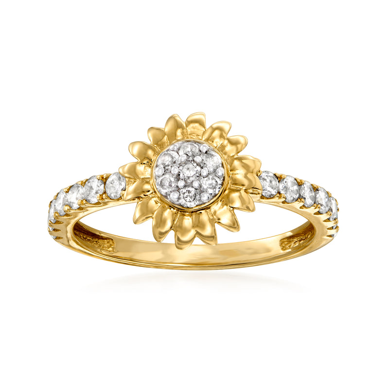 14kt yellow gold sunflower diamond ring with round cluster center and side pave diamonds