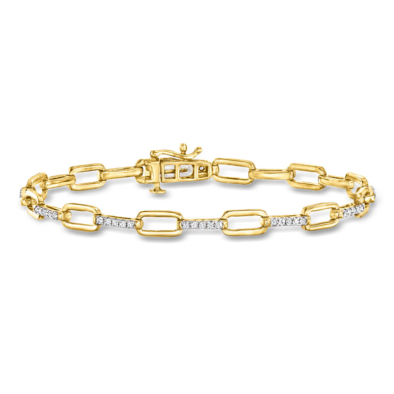 Gold paper-clip link bracelet with small diamond-like stones and box clasp detail
