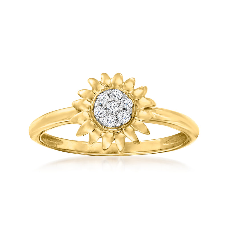 Gold sunflower diamond ring with round center stone and petal halo