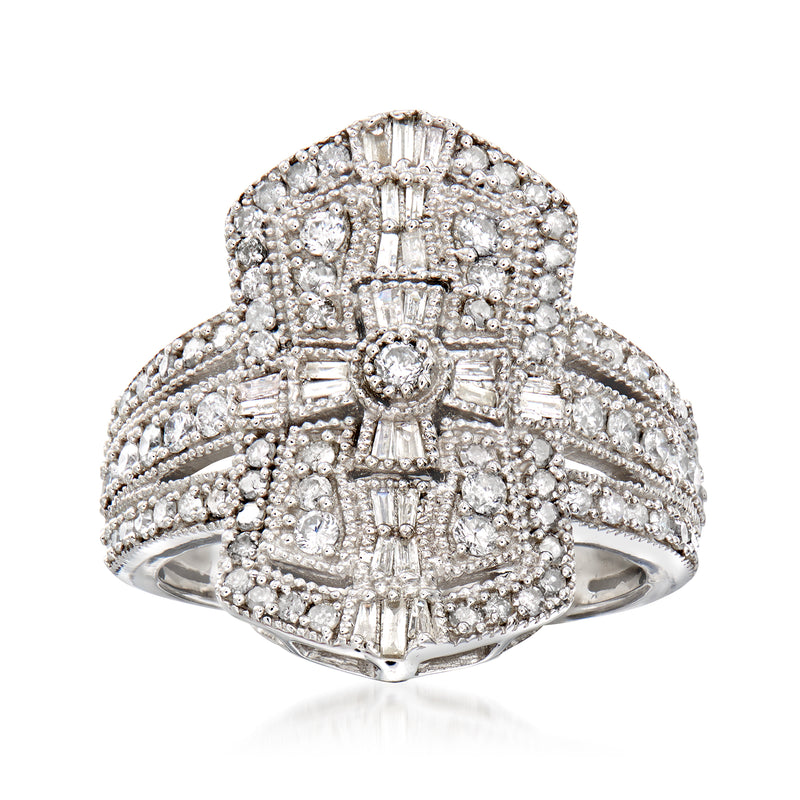 Sterling silver diamond cluster ring with round and baguette-cut stones