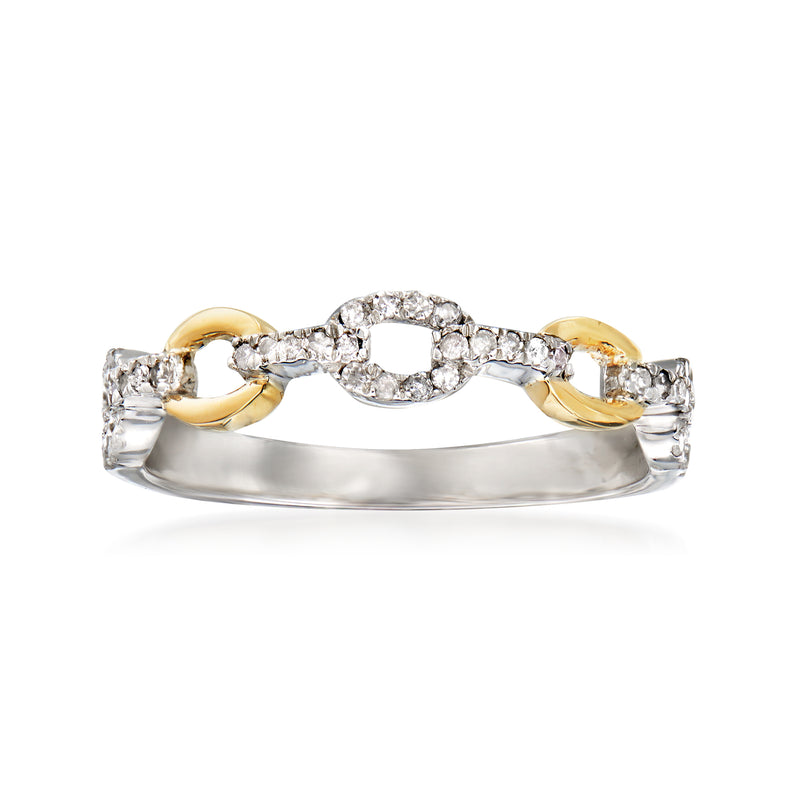 Sterling silver diamond paper-clip link ring with oval 14k yellow gold accents