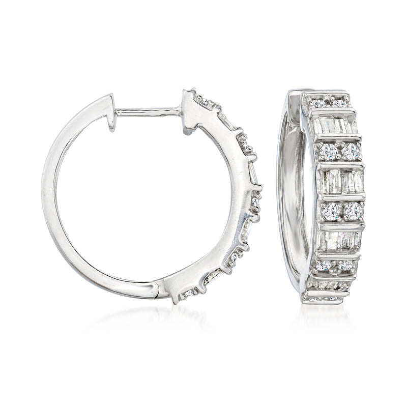 Sterling silver diamond hoop earrings with baguette and round accents