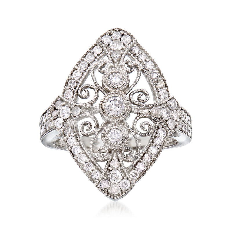 Sterling silver diamond openwork ring with marquise and round cluster design