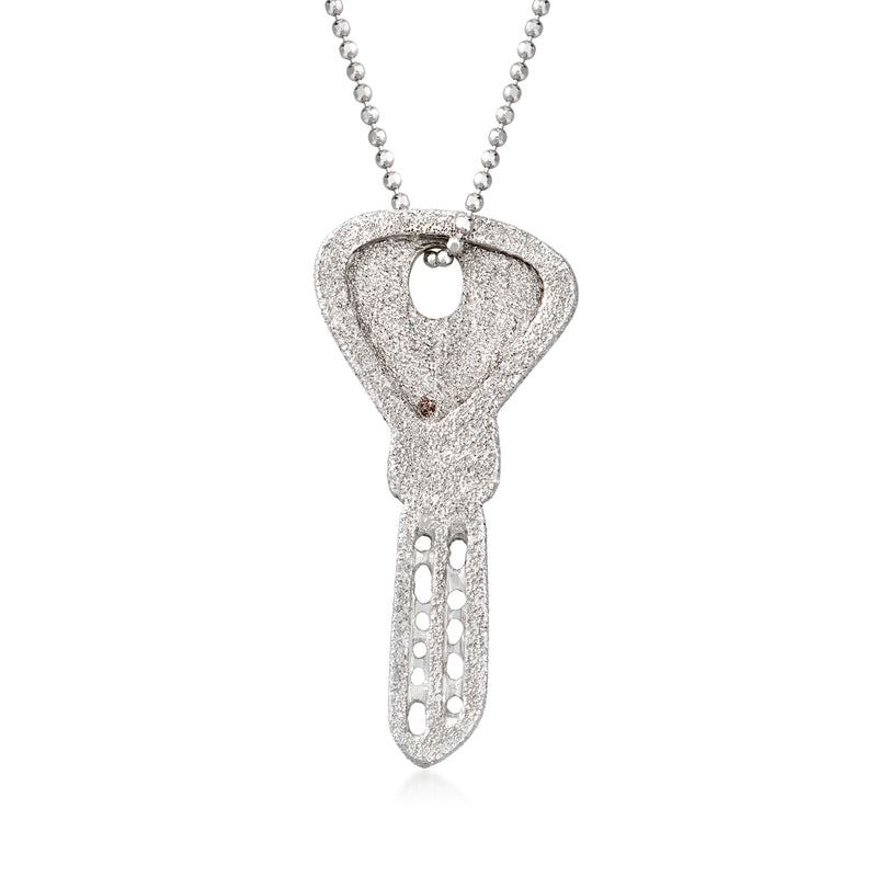 Vintage key pendant necklace in textured 14kt white gold with small red gem, ball-link chain