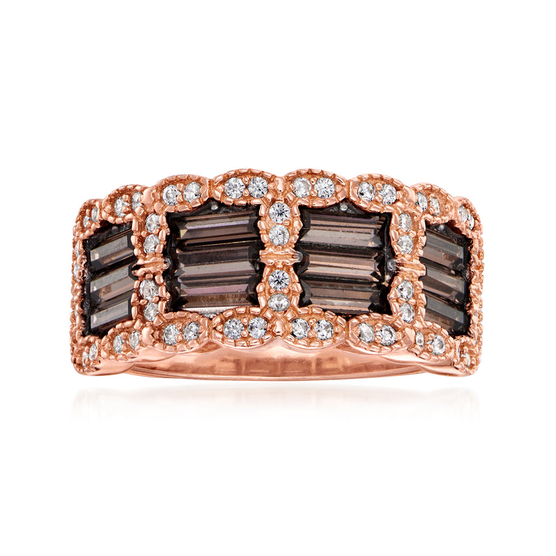 Rose gold CZ ring with rectangular brown center stones and clear white side accents