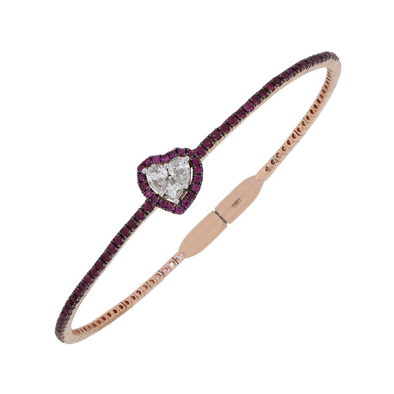Rose gold heart bangle bracelet with ruby trim and diamond center