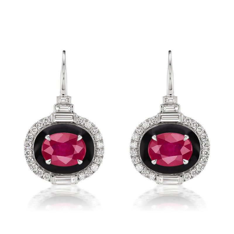 18kt white gold ruby drop earrings with black enamel and diamond halo, leverback.