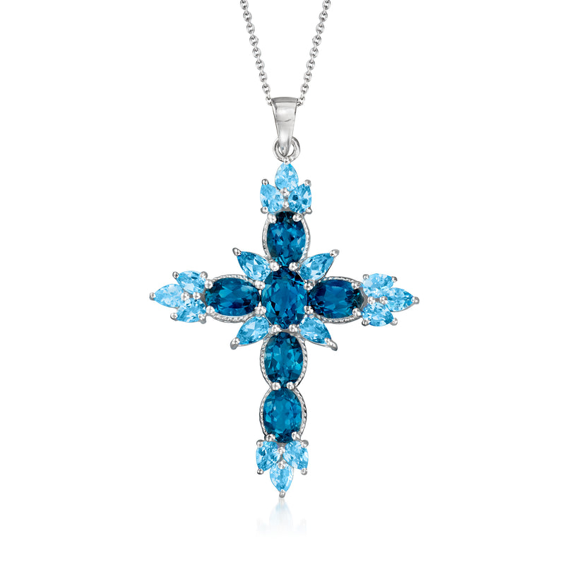 Sterling silver cross pendant necklace with blue topaz gemstones, silver chain