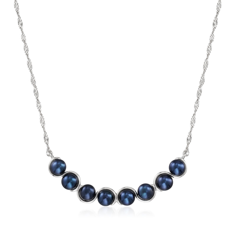 Dark cultured pearl necklace with 5.5–6mm round pearls on sterling silver chain